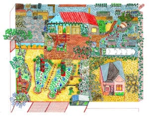 ELSEE drawing showing 26 programs for teaching ecoliteracy and environmental education in an internationally certified outdoor teaching garden. Artist: Alrie Middlebrook. © 2022 Alrie Middlebrook