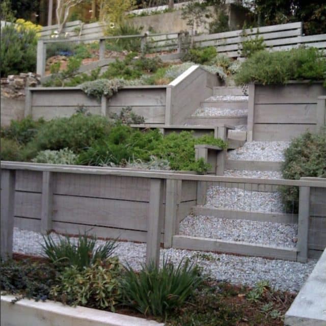 This is a rear hillside garden. The raised beds are planted with coastal bluff natives.