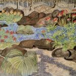 Proposed drawing for side of pizza oven at the flagship ELSEE garden. A riparian habitat in a mtn meadow with water loving grasses, tiger lilies & western columbines. Forest behind are aspen trees. Artist: Alrie Middlebrook. Mosaic Artist: Christina Yaconelli.