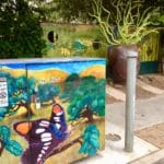 Painting on a utility box by local artist Katrina, a Youth Corps member and mother of Darwin :-). Shows native butterfly called California Sister, which pollinates our oakwoodland forests.