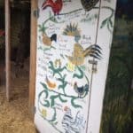 Painted panel of the chicken coop mural showing all the modern chickens who evolved from ancient dinosaurs Artists: students of Pat Johnson, local artist.
